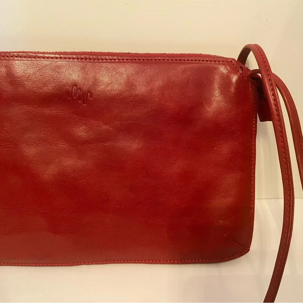 VINTAGE MONSAC ORIGINAL BAG SHOULDER SHINY RED LEATHER 2 STRAP ZIP TOP ENVELOPE
